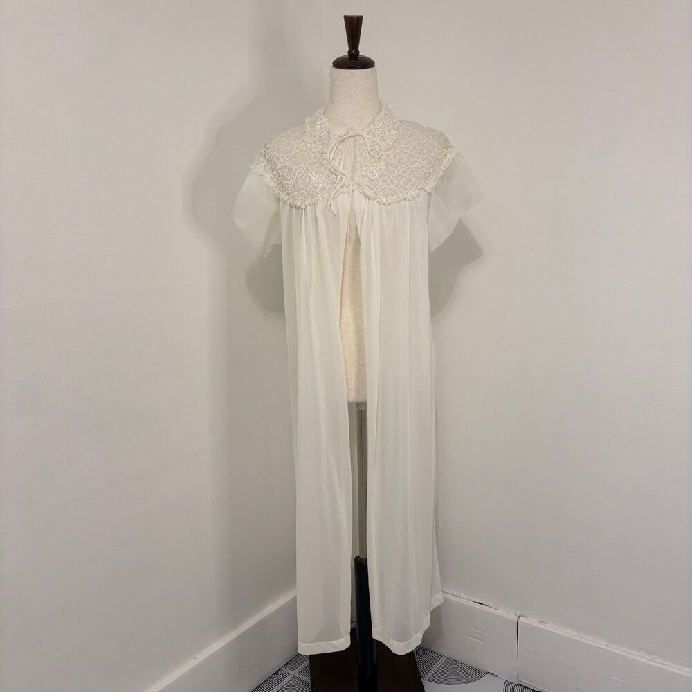 Vintage 60s Movie Star White Lace Trimmed Sheer Peignoir Robe Sz M